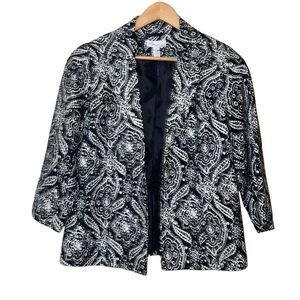 •KIM ROGER•BLACK/WHITE PAISLEY 100% LINEN BLAZER SIZE SMALL EUC